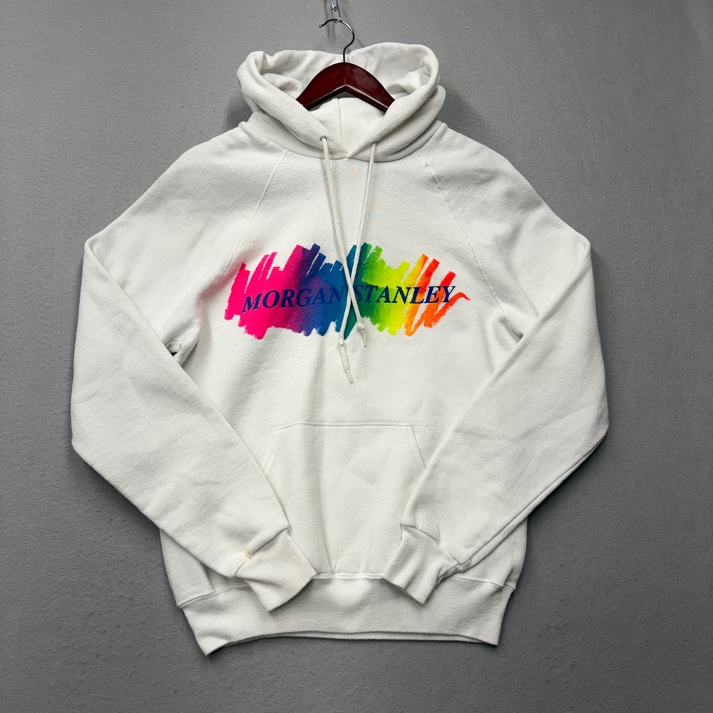 Lee Hoodie Mens Large White Morgan Stanley Vintage 80s Rainbow Graphic USA Made